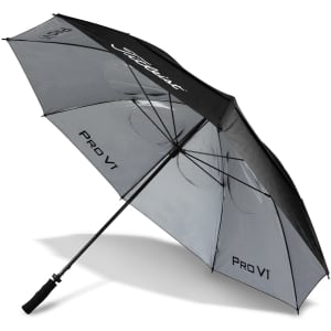 A black and grey double canopy golf umbrella with a logo, featuring a comfortable handle.