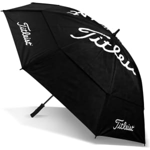 A black double canopy umbrella with a logo, featuring a sturdy handle and a wide opening for coverage.
