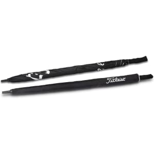 A black double canopy golf umbrella with a branded handle, featuring a sleek design and a prominent logo.
