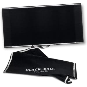 A black golf towel with a textured surface and a decorative loop, featuring a logo on one side.