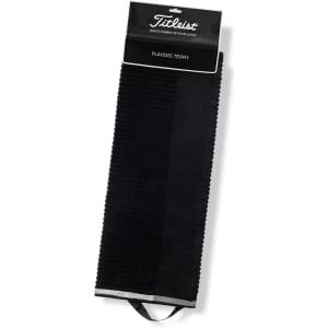 A black terry golf towel with a hanging loop and a logo. Ideal for keeping equipment clean and dry.