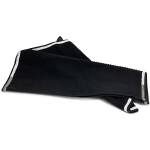 A black terry golf towel with a textured surface and contrasting stripes, featuring a logo.