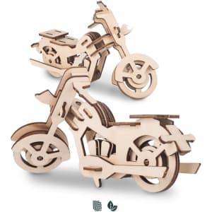 Two intricately designed wooden motorcycle models, featuring a natural finish and detailed cutouts.