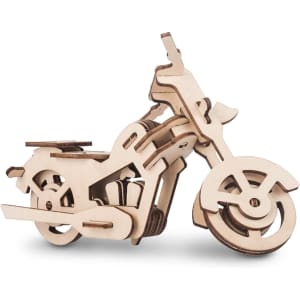 A wooden motorcycle model made from light-coloured wood, featuring intricate cut-out designs.