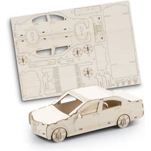 A wooden model car kit with unassembled parts displayed on a flat sheet. The model is light beige in colour.