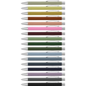 A collection of metal pens in various colours, each featuring a silver clip and detailing.