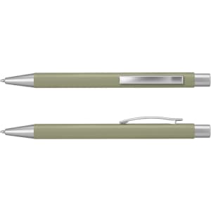 A green metal pen with silver accents, featuring a clip and a smooth design. It has a branding logo.
