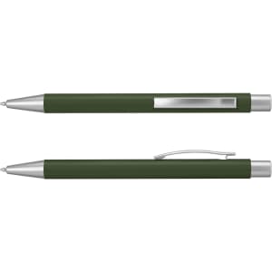 A metal pen in a matte green finish with silver accents and a clip. It features a sleek, modern design.