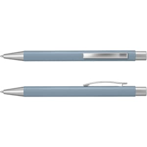 A metal pen in a soft blue colour with silver accents and a clip. The design is sleek and modern.
