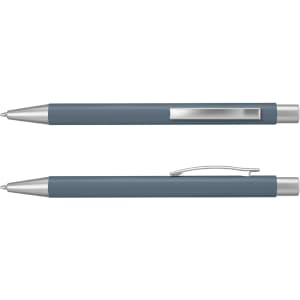 A metal pen in a blue-grey finish with silver accents and a clip, featuring a sleek design.