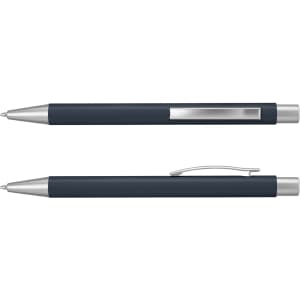 A metal pen in navy blue with silver accents and a clip, featuring a sleek design.