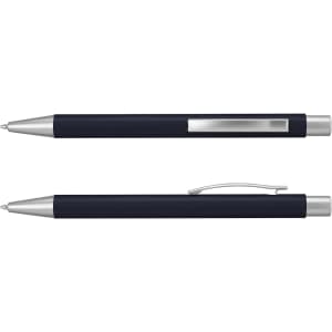 A metal pen in black with silver accents, featuring a clip and a smooth design.