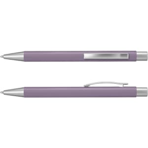 A purple metal pen with a silver clip and tip, featuring a sleek design and minimalist aesthetic.