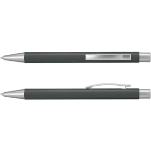 A metal pen with a dark green barrel and silver accents, featuring a clip and rounded tip.