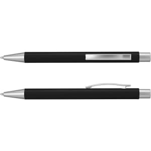 A black metal pen featuring a silver clip and accents, shown from two angles. Includes branding logo on the side.