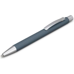 A metal pen in a grey colour with a silver tip and clip, featuring a smooth, sleek design and a logo.