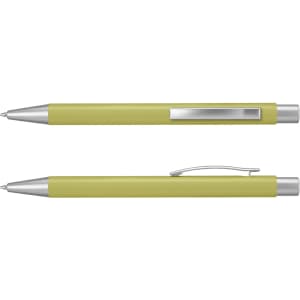 A metal pen in a vibrant green colour with silver accents and a clip. It features a sleek design.