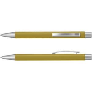 A metal pen in olive green with silver accents and a clip, featuring a sleek design and a logo.