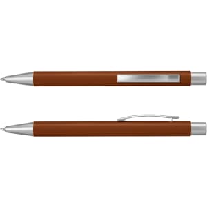 A metal pen with a brown body and silver accents, featuring a clip and a sleek design.
