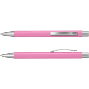 A pink metal pen featuring silver accents and a clip, displayed from two angles. It has a logo on the barrel.