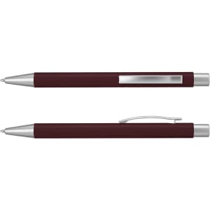 A maroon metal pen featuring silver accents and a clip, showcasing a sleek and elegant design.