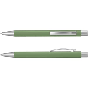 A green metal pen with a silver clip and tip, featuring a sleek, modern design.