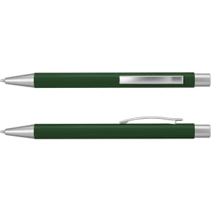 A green metal pen with a silver clip and tip, showcasing a sleek and stylish design.