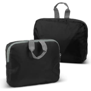 A pair of black foldable backpacks with grey handles, one folded and one unfolded, showcasing their compact design.