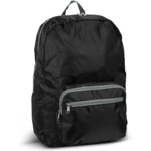 A foldable backpack in black with a green zippered front pocket, featuring a carrying handle on top.