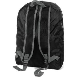 A black Origami Foldable Backpack featuring padded, mesh shoulder straps and a streamlined design. It has a logo.