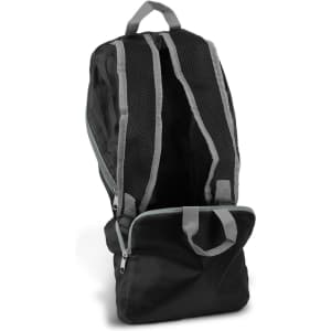 A foldable backpack in black with grey straps and a front pocket, featuring a logo on the side.