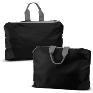 A black foldable duffle bag with grey handles, featuring a zip closure and a compact design.