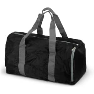 A black foldable duffle bag with grey straps and a zip closure, featuring a logo.