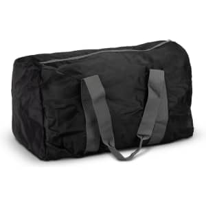 A black foldable duffle bag with grey handles and a zippered top, featuring a logo.