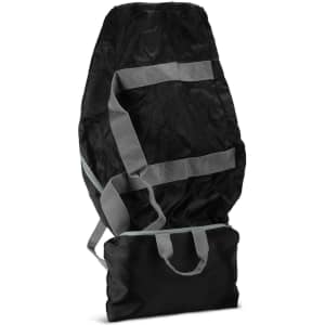 A black foldable duffle bag with grey straps, featuring a compact design and a pliable material.