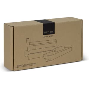A natural bamboo sushi maker in a brown cardboard box, featuring a minimalist design and an unobtrusive logo.