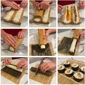 A bamboo sushi maker with rice and ingredients, demonstrating the steps to roll sushi and slice the finished rolls.