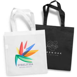 A white tote bag with a multicoloured floral design and a black tote bag featuring a logo.