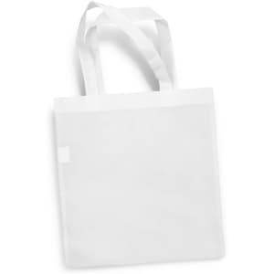 A white tote bag with two handles and a simple design. It features a branding logo.