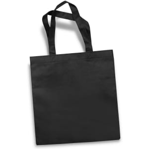 A black tote bag with two sturdy handles and a simple design. It has a logo on the front.