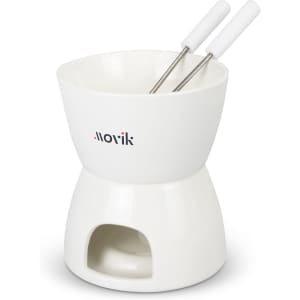 A white mini fondue set featuring a bowl, metal skewers, and a base for heating. Includes a branding logo.