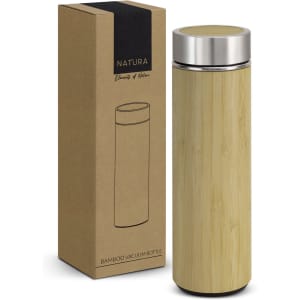 A drink bottle made of bamboo with a stainless steel lid, packaged in a simple cardboard box.