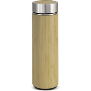 A drink bottle made of bamboo with a silver stainless steel lid, featuring a smooth, sleek design.