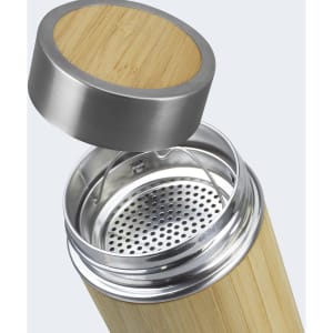 A drink bottle made of bamboo with a stainless steel lid and a mesh filtration insert visible inside.