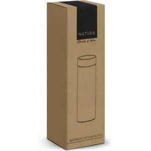 A bamboo vacuum bottle in a brown cardboard box with a black top and branding displayed on the front.