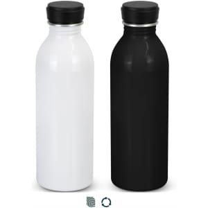 A drink bottle duo featuring one white and one black recycled aluminium design, each with a silver cap and logo.