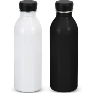 A drink bottle set featuring one white aluminium bottle and one black aluminium bottle, each with a black cap and a logo.