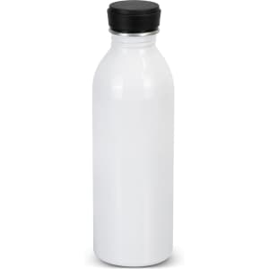 A drink bottle in sleek white aluminium with a black screw-on lid and branding visible.
