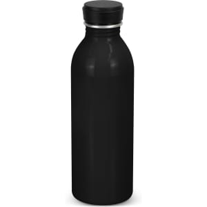 A drink bottle with a sleek black aluminium design and a black screw-top lid, featuring a logo on its surface.