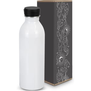 A drink bottle in a sleek white finish with a black lid, accompanied by a decorative box featuring intricate designs.